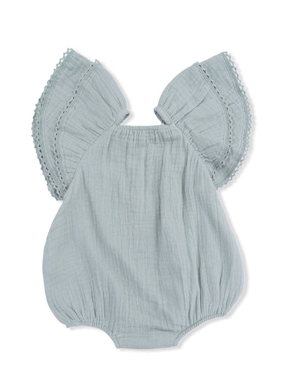 Light blue baby romper with decorative flutter sleeves and a gathered waist.