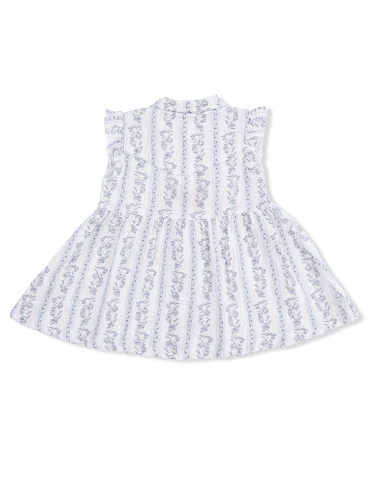 Floral patterned dress with ruffled sleeves and a pleated skirt in a light blue and white color scheme.