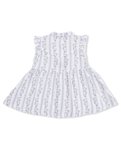 Floral patterned dress with ruffled sleeves and a pleated skirt in a light blue and white color scheme.