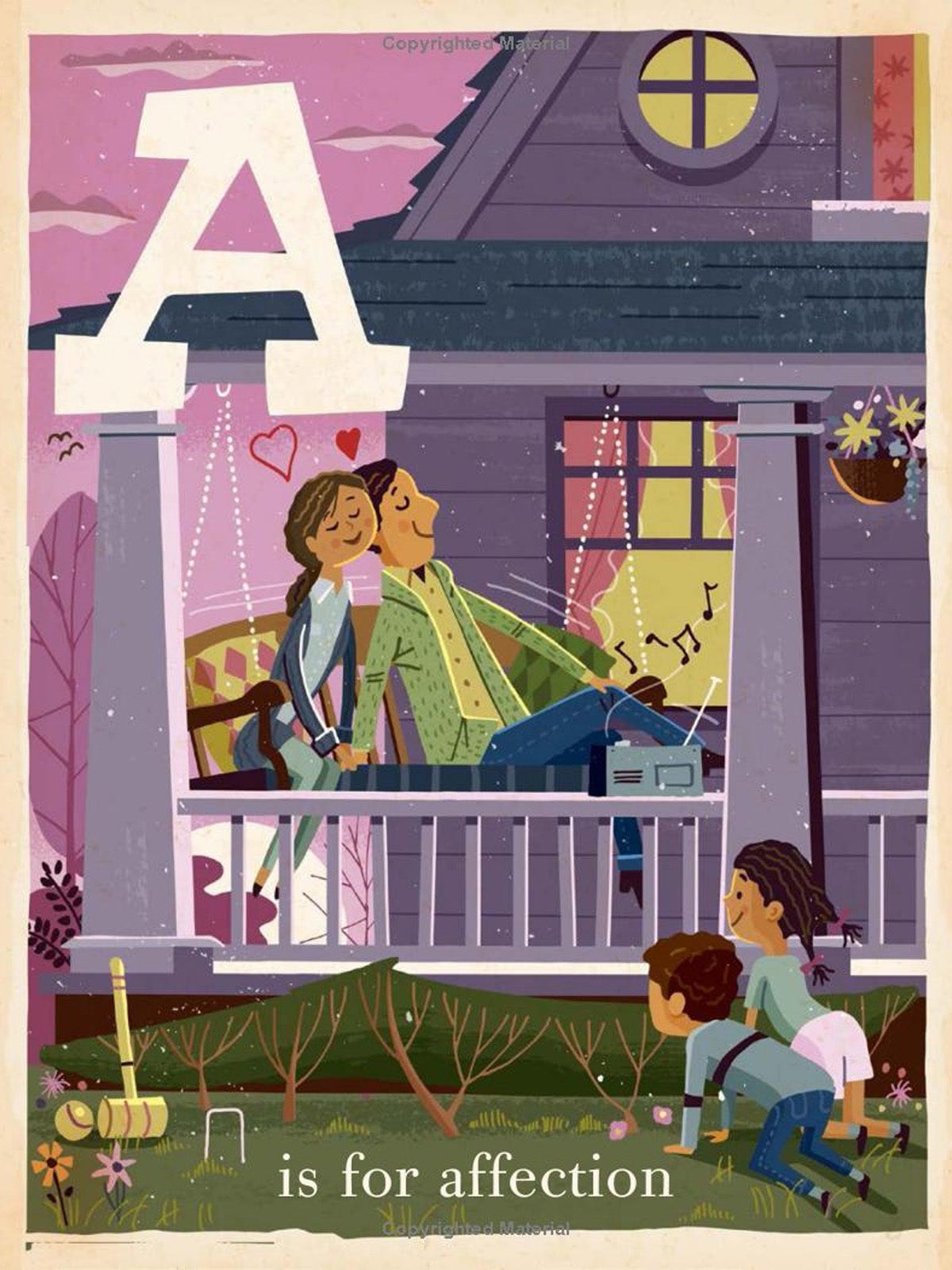 Parents share a loving moment on a porch while children play nearby, with a large letter "A" above.