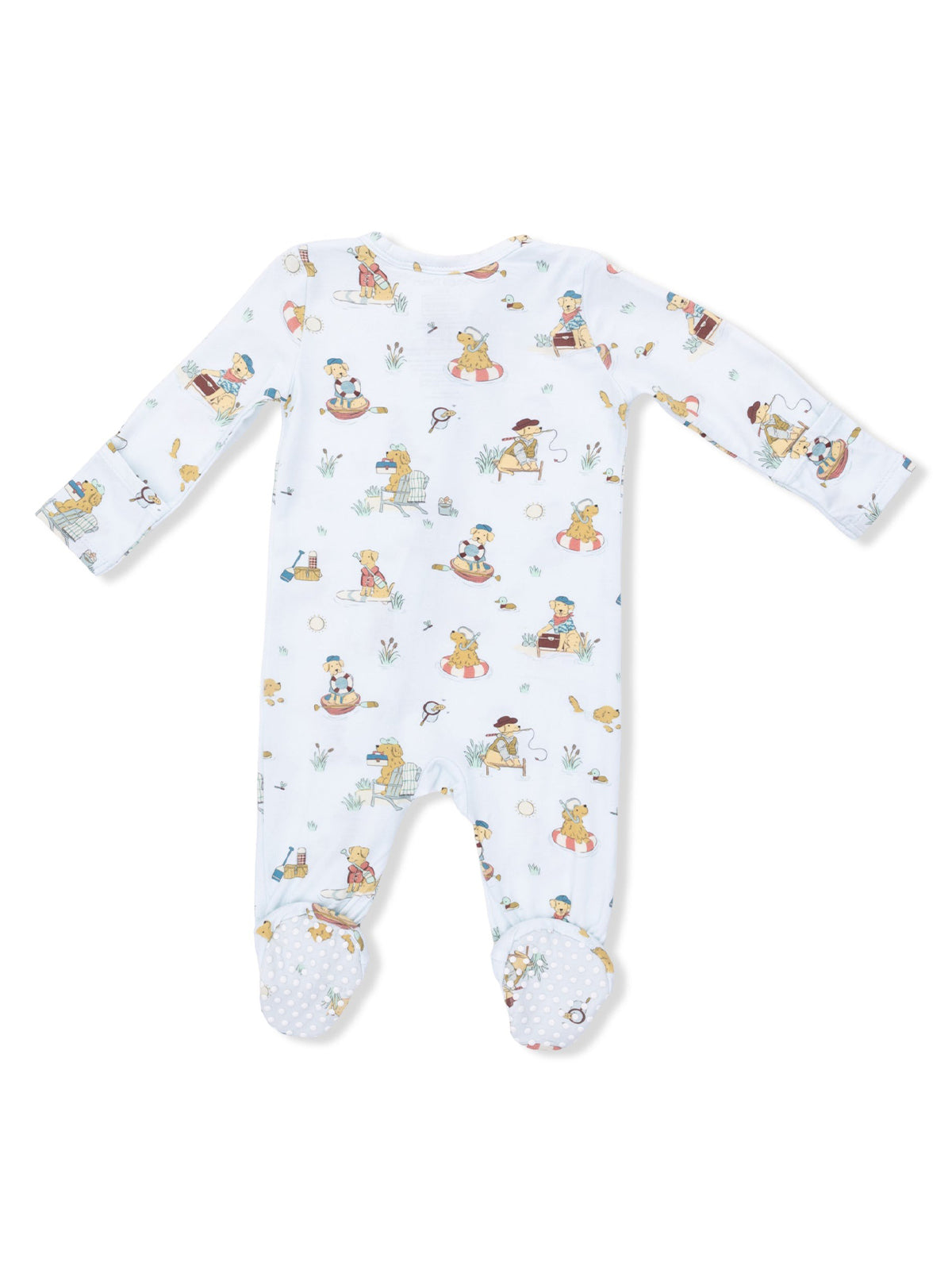 White baby onesie with colorful animal prints, ideal for infants and toddlers. Long sleeves and footed design.