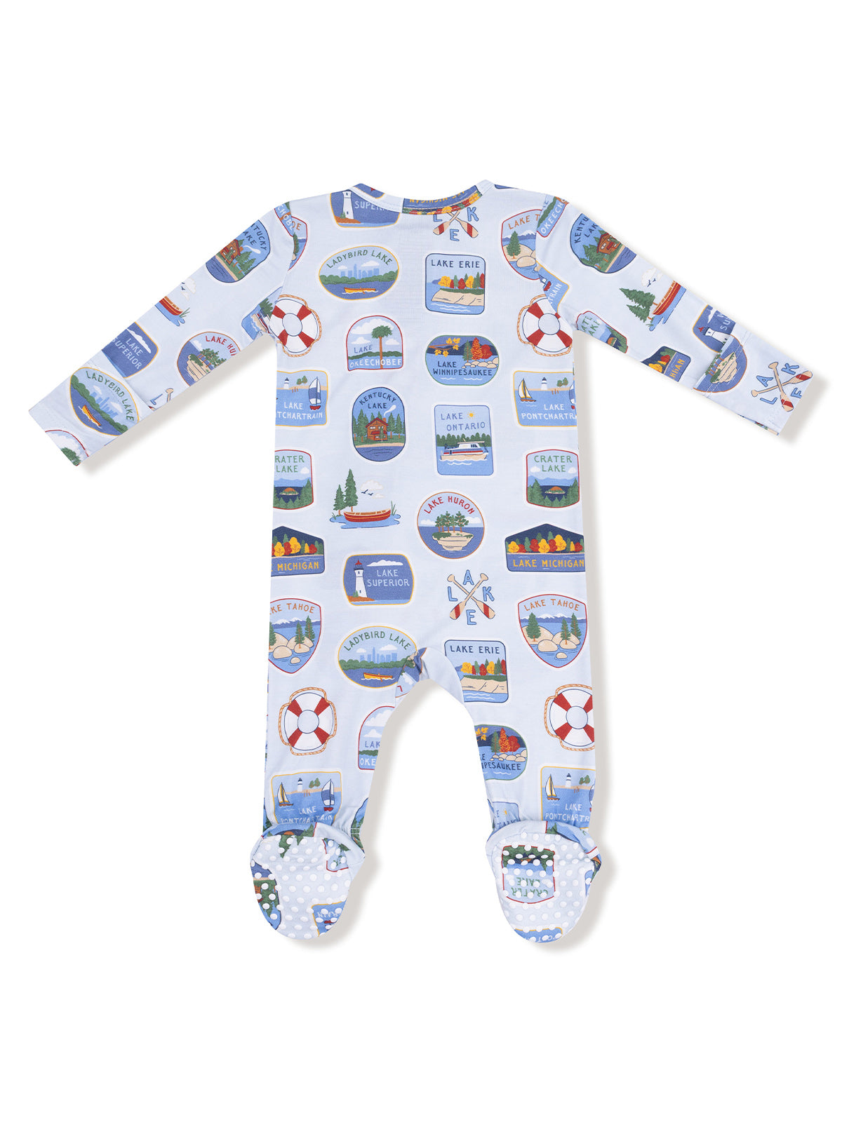 Baby onesie featuring colorful lakeside graphics and water-themed motifs on a light blue background.