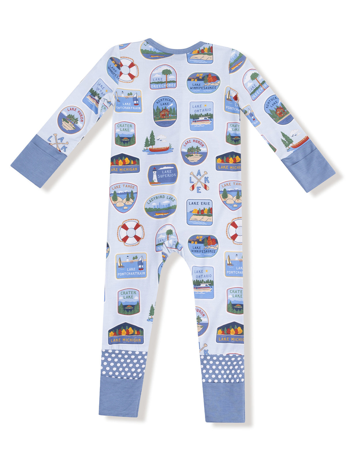 Blue pajama set featuring various lake-themed illustrations and patches, including names of famous lakes.
