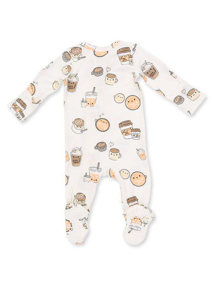 Baby onesie with playful food and drink illustrations, featuring coffee cups and cute animated characters.