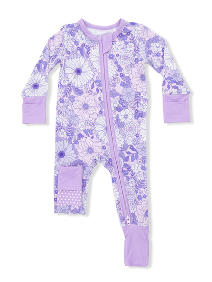Purple floral onesie with a front zipper and long sleeves, perfect for infants and toddlers.