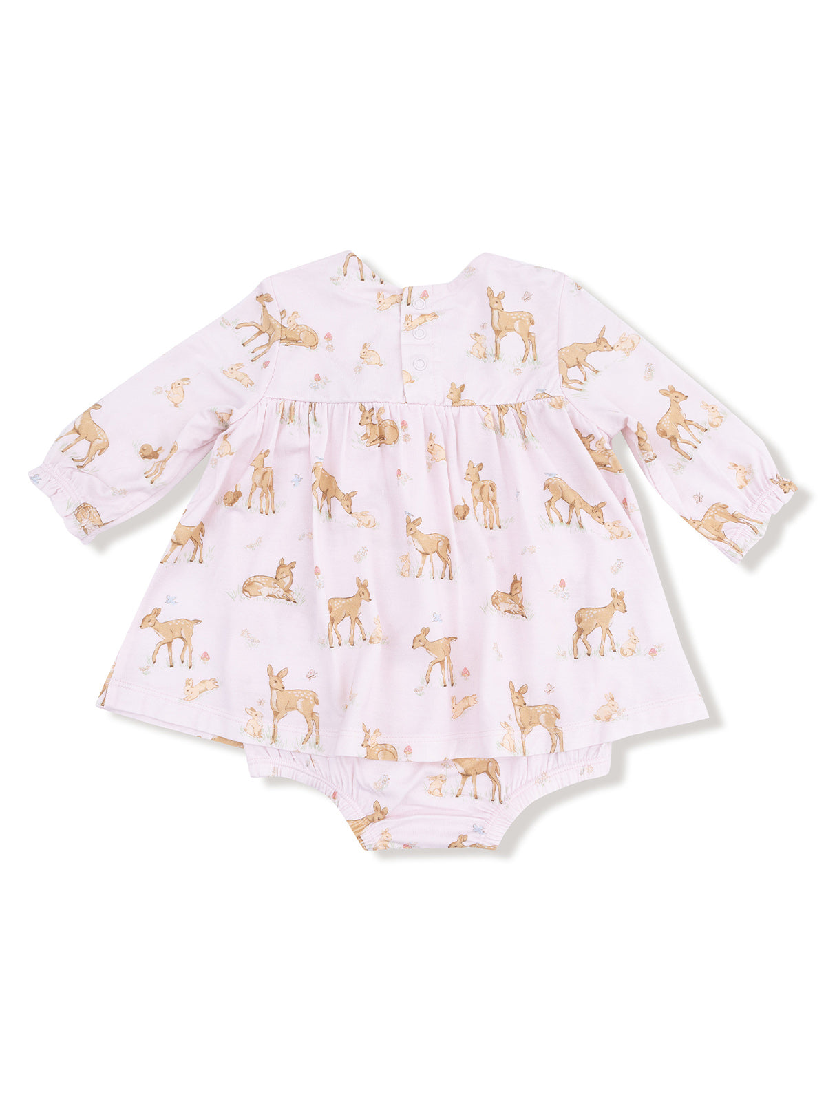 Baby dress with floral deer print, featuring long sleeves and a gathered skirt, perfect for infants.