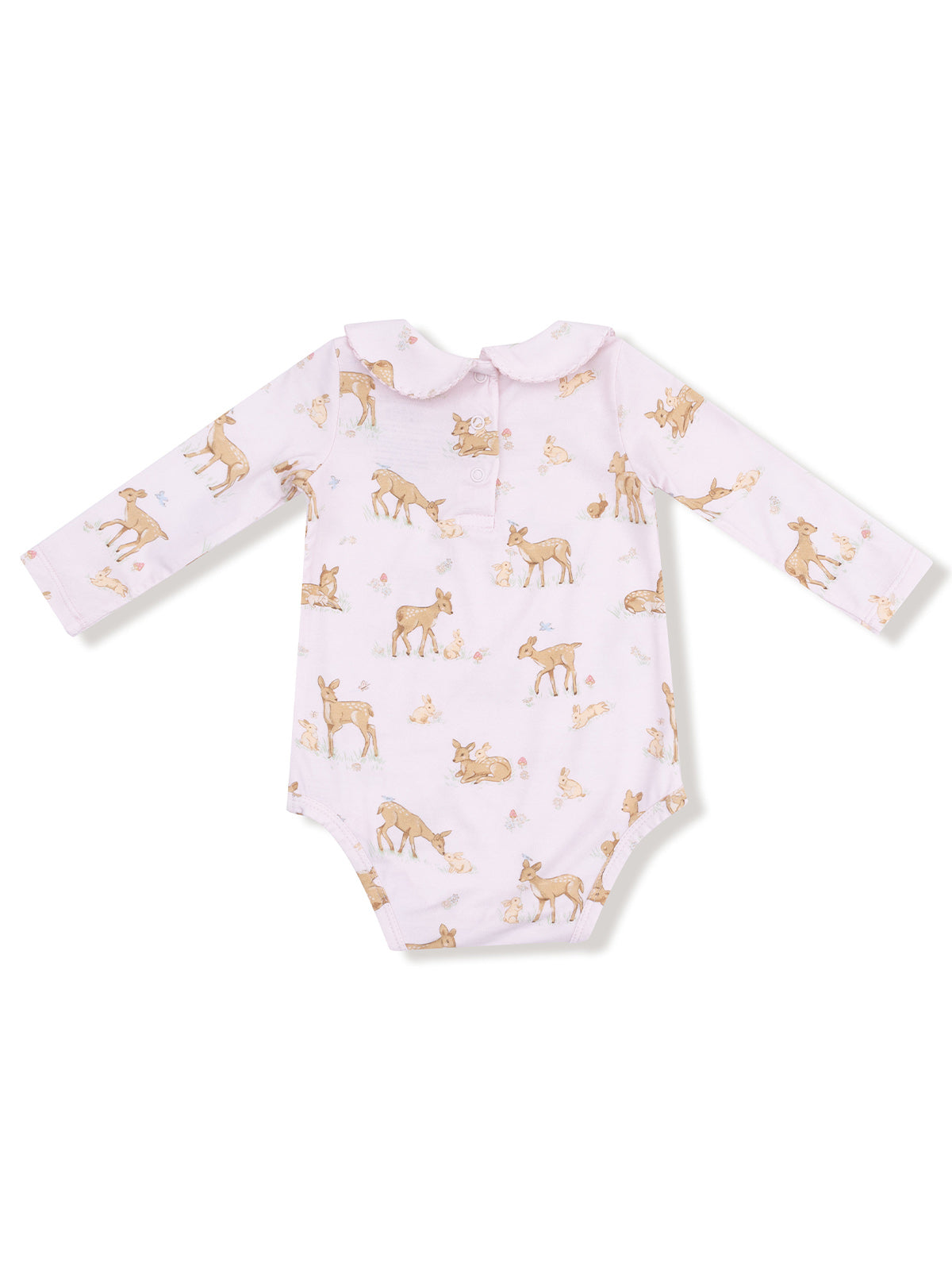 Light pink long-sleeve onesie featuring adorable deer and bunny illustrations. Perfect for babies.