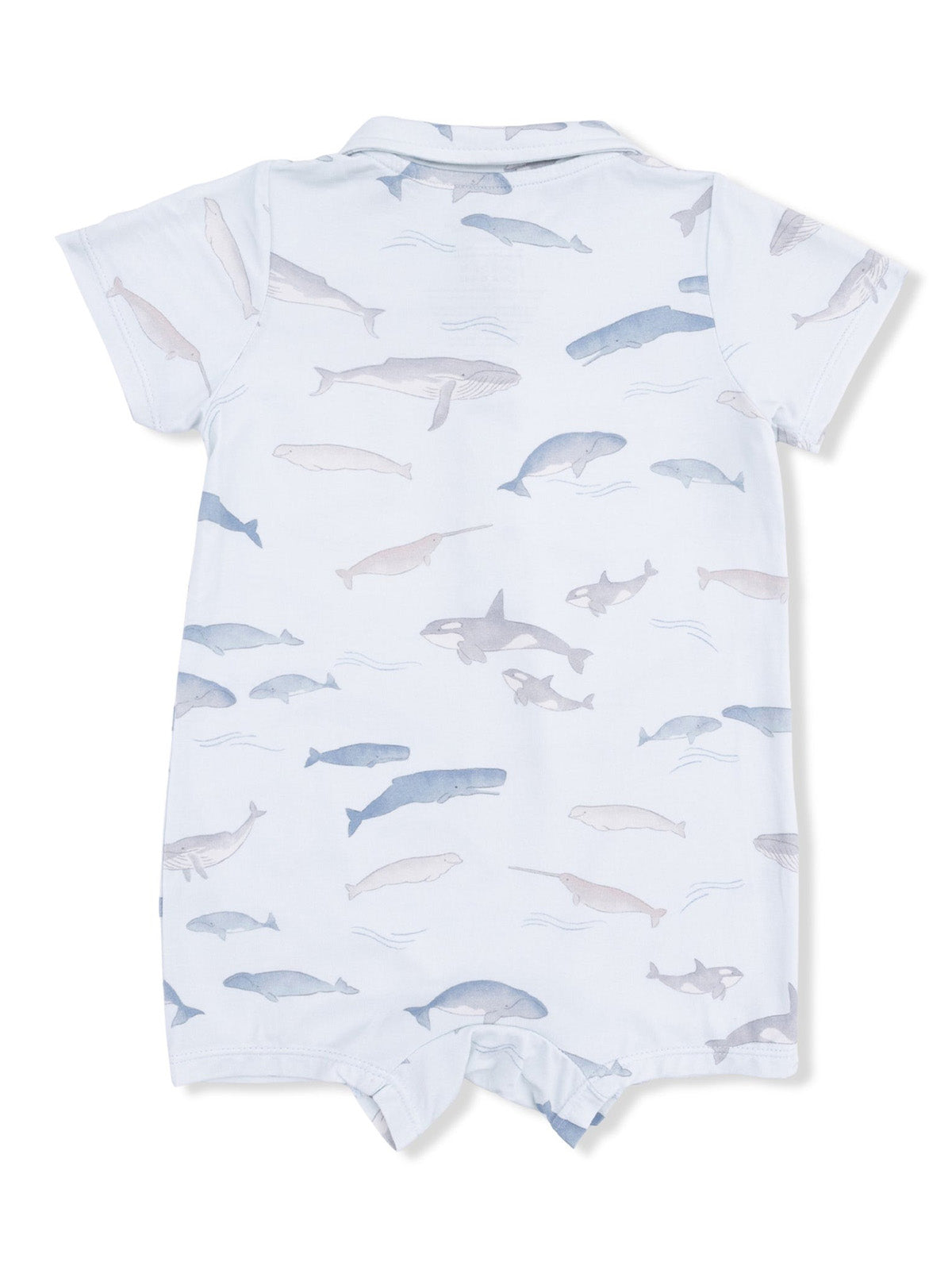 Light blue onesie featuring a playful pattern of various ocean animals, including whales and sharks.