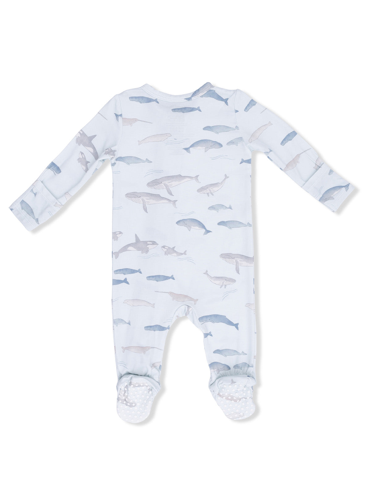 Light blue baby romper with various fish prints, featuring footed bottoms and long sleeves.