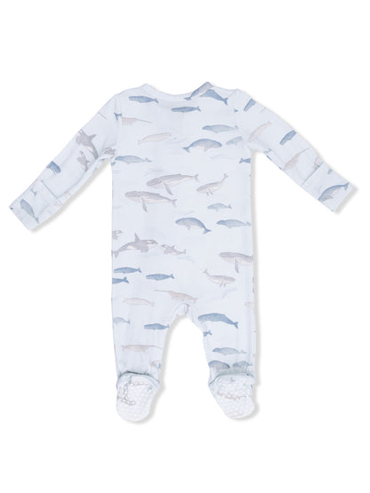 Light blue baby romper with various fish prints, featuring footed bottoms and long sleeves.