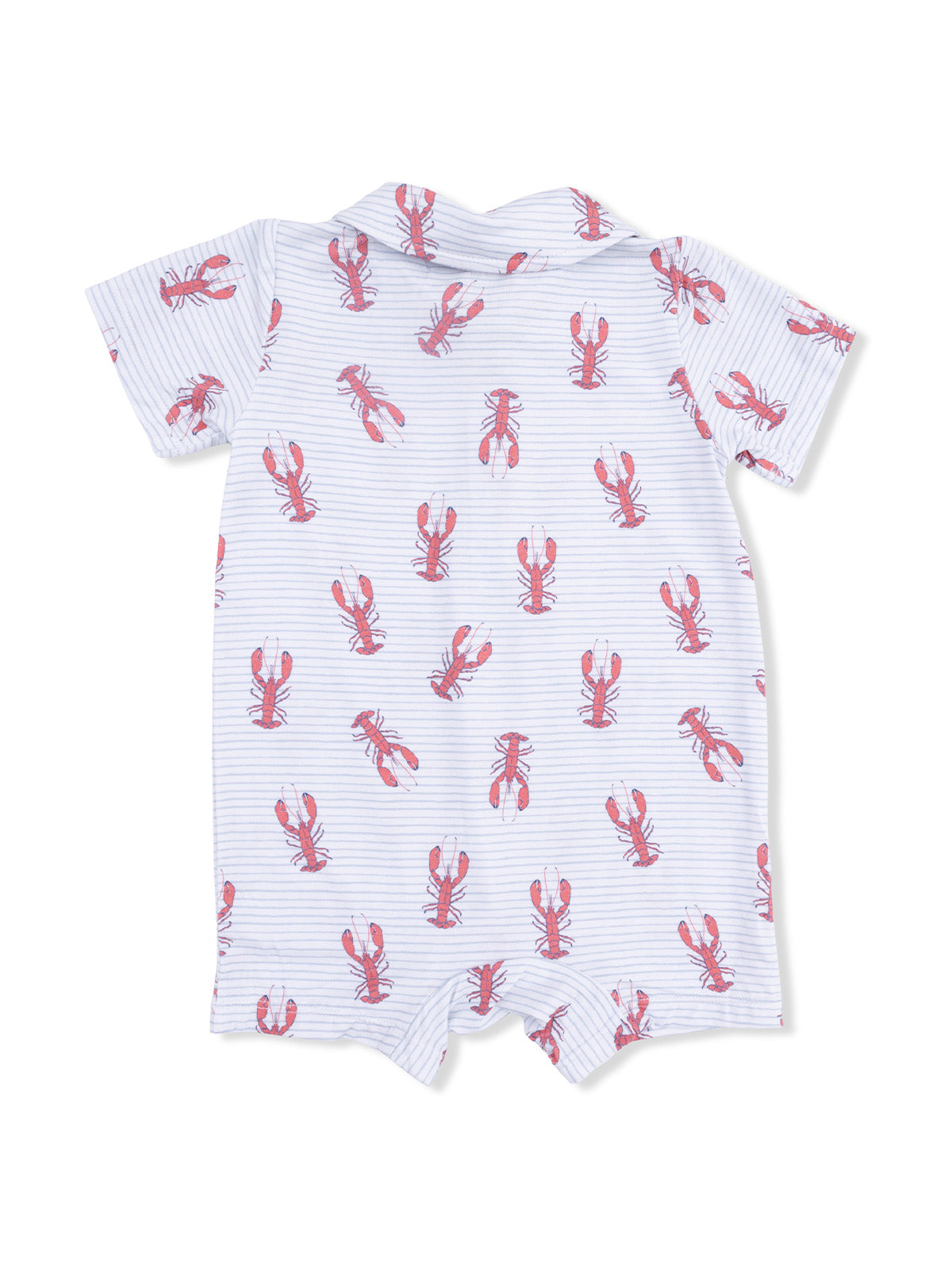 Back view of a baby romper featuring a playful lobster print on a light striped background.