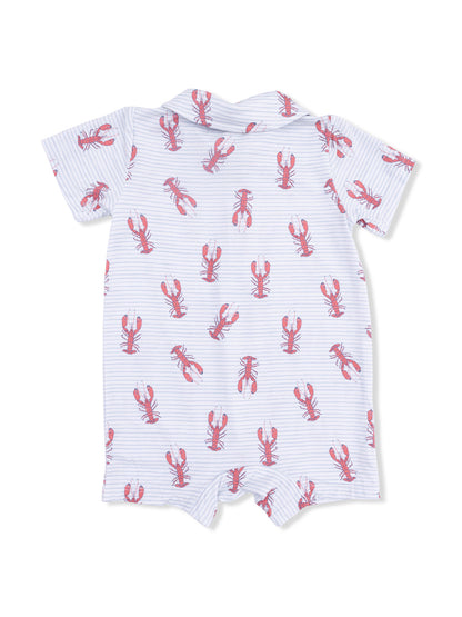 Back view of a baby romper featuring a playful lobster print on a light striped background.