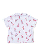 White short-sleeve shirt with a lobster pattern in red and blue stripes on the fabric.