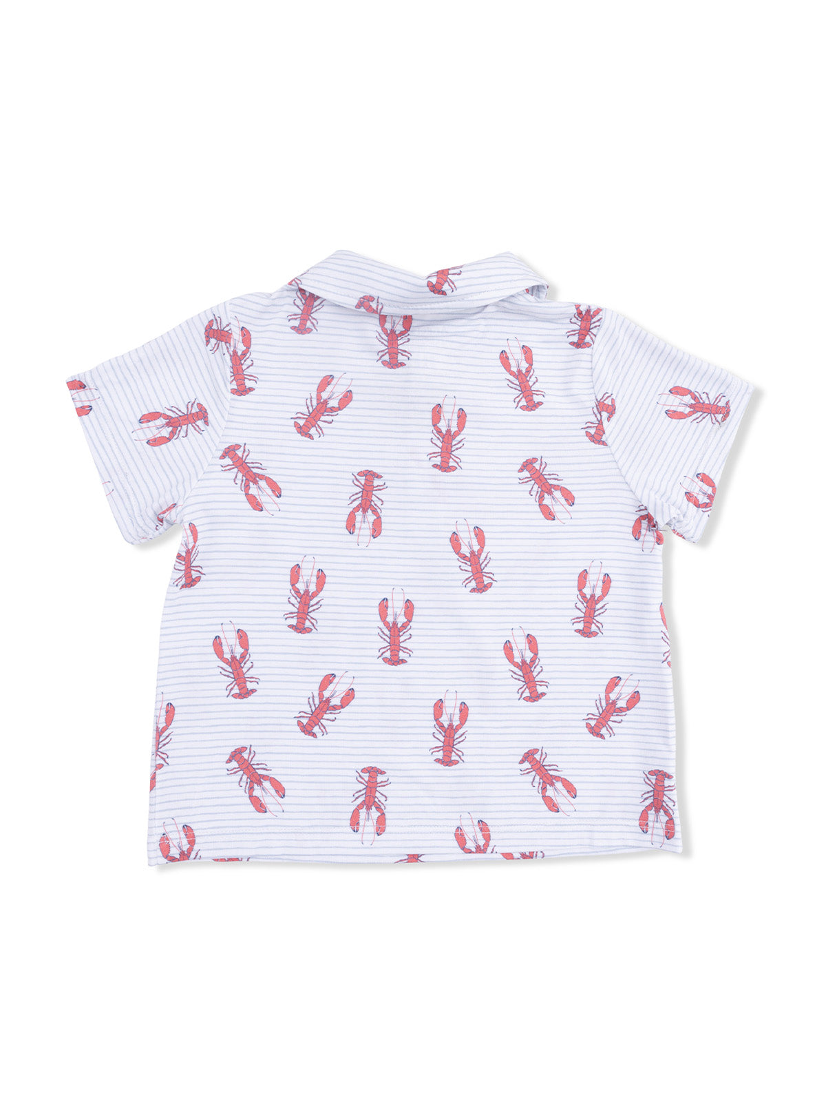 White short-sleeve shirt with a lobster pattern in red and blue stripes on the fabric.