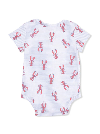 Back view of a striped baby onesie featuring a lobster print in red and pink tones.