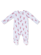 Striped baby onesie with lobster pattern, featuring long sleeves and footed design. Ideal for playful outfits.