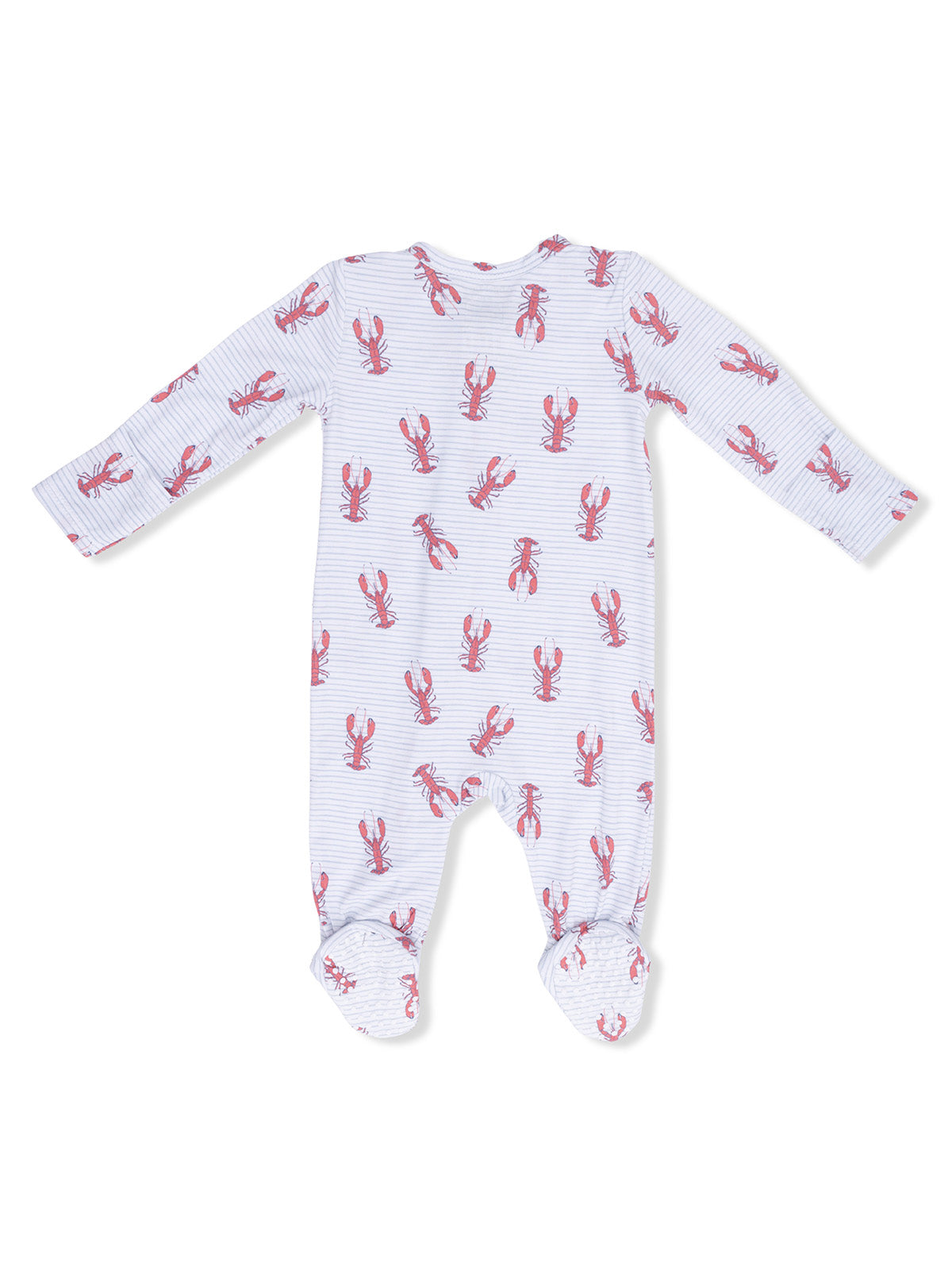 Striped baby onesie with lobster pattern, featuring long sleeves and footed design. Ideal for playful outfits.