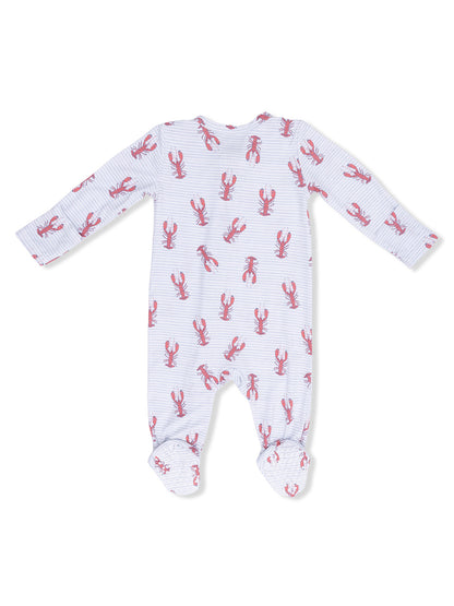 Striped baby onesie with lobster pattern, featuring long sleeves and footed design. Ideal for playful outfits.
