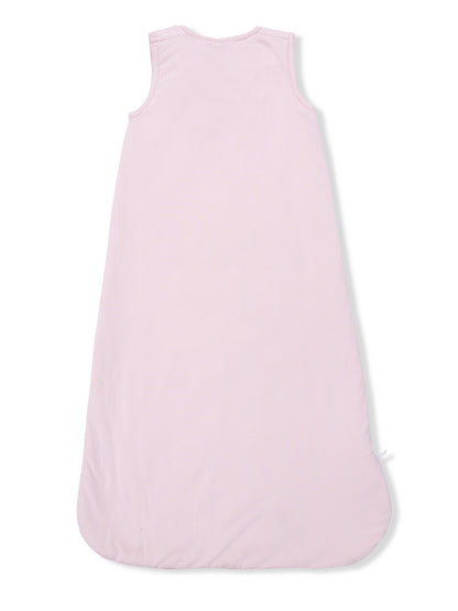 Light pink sleeveless baby sleeping bag with a rounded bottom and soft fabric.