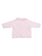 Back view of a pink quilted jacket with a collar and long sleeves. Ideal for toddlers.