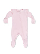Light pink baby onesie with ruffles, featuring a front zipper and footed design for comfort and style.