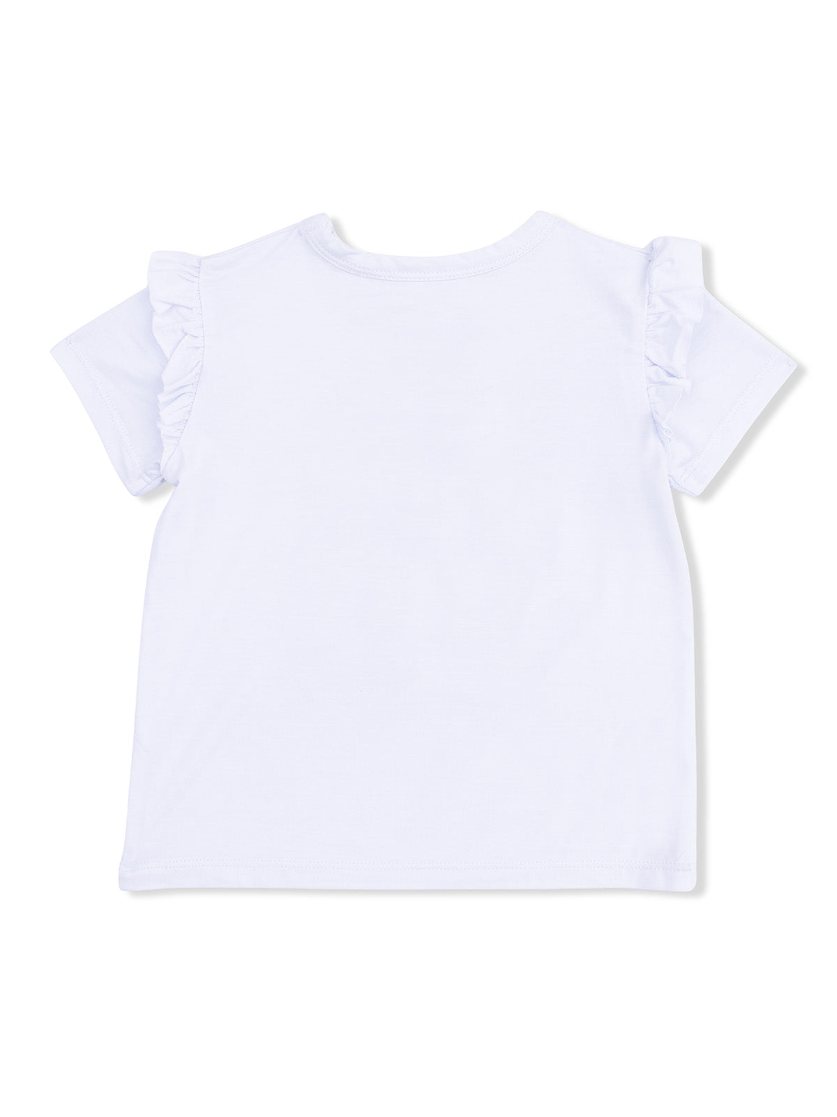 Back view of a white t-shirt with ruffled short sleeves on a plain background.