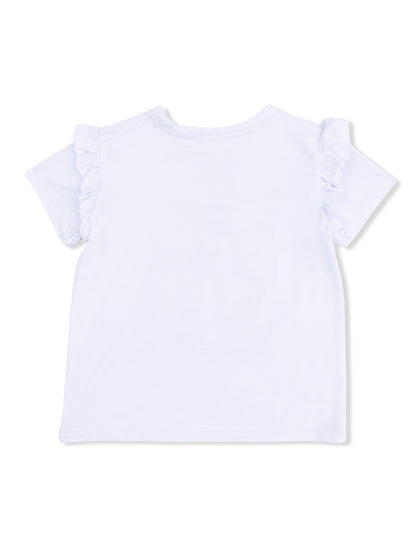 Back view of a white t-shirt with ruffled short sleeves on a plain background.