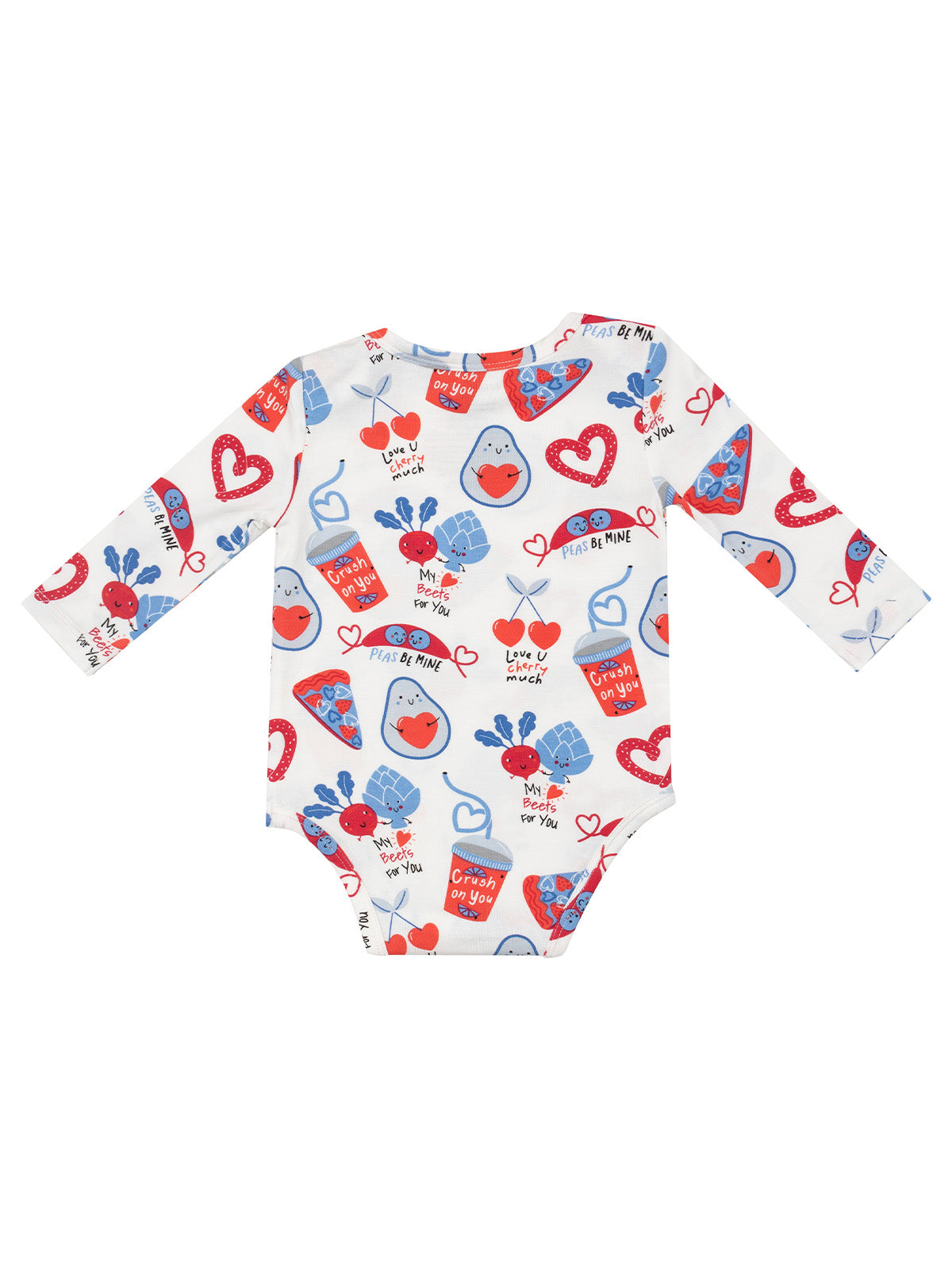 Long-sleeve baby bodysuit with colorful, playful food-themed prints and hearts on a white background.