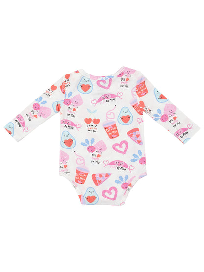 Baby onesie with colorful, playful prints of hearts, food items, and cute characters on a white background.