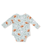 Light blue baby onesie with football and play pattern, featuring long sleeves and a round neck.