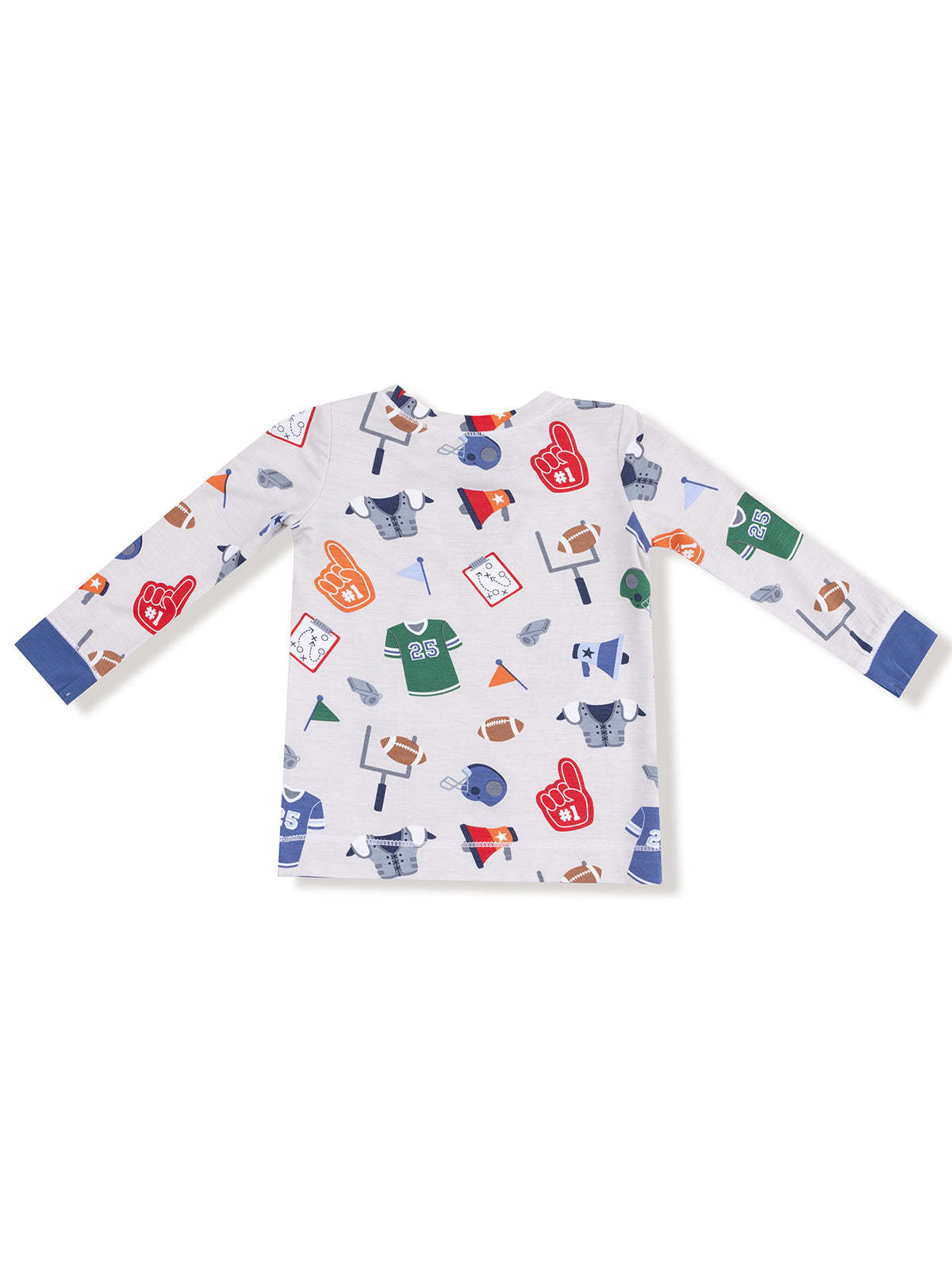 Long-sleeve shirt with colorful sports-themed patterns, including helmets and jerseys on a light background.