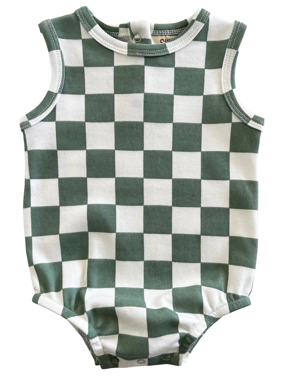 Green and white checkered sleeveless onesie for infants with snap closures at the bottom.