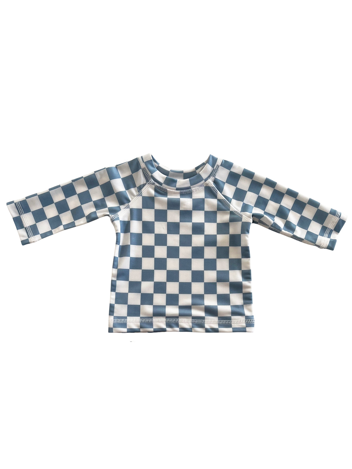 Blue and white checkered long-sleeve swim shirt for children, suitable for sun protection.