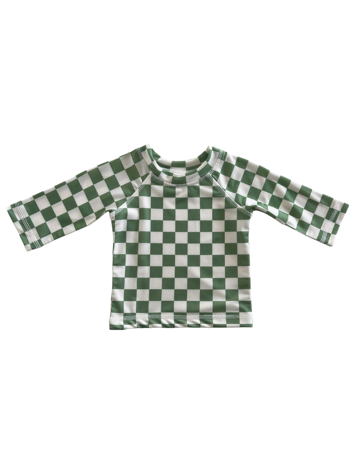 Green and white checkered long-sleeve shirt laid flat on a white background.