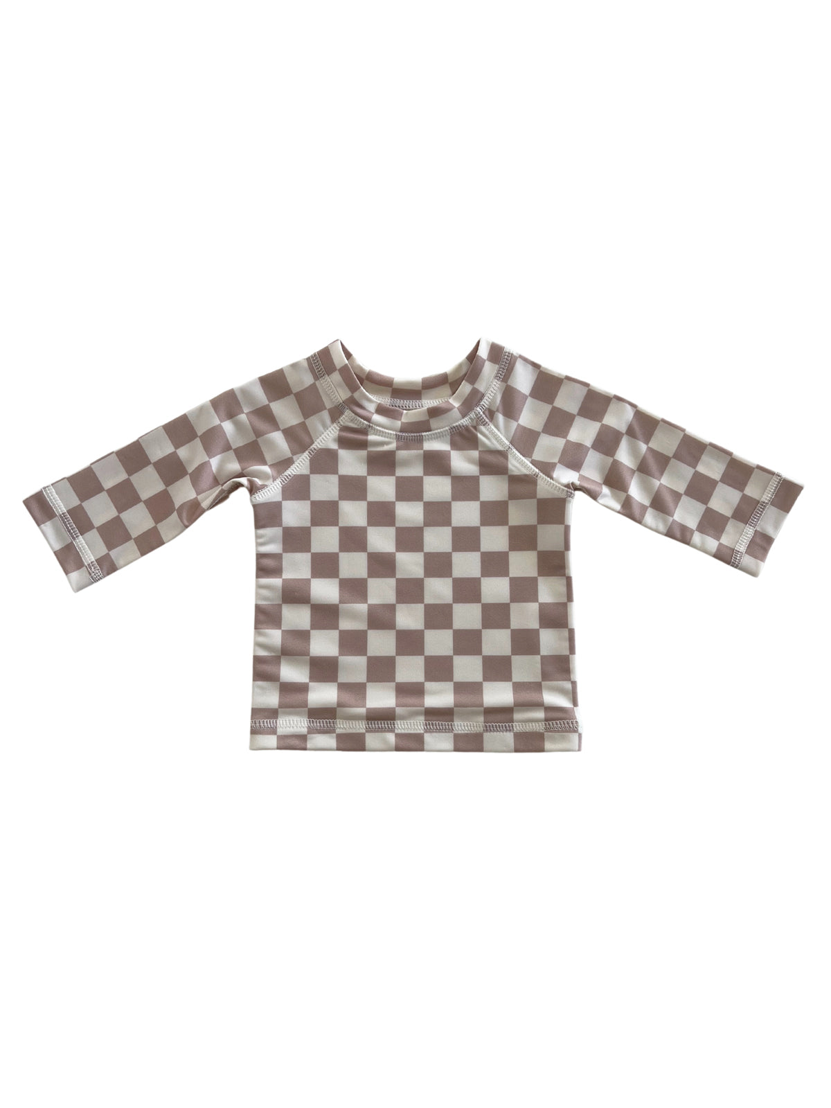 Brown and cream checkered long-sleeve children's swim shirt on a white background.