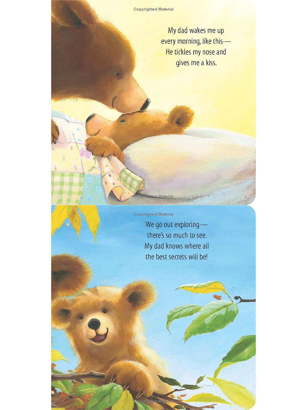 Illustration of two bear characters interacting, with text about a father's morning affection and adventures together.