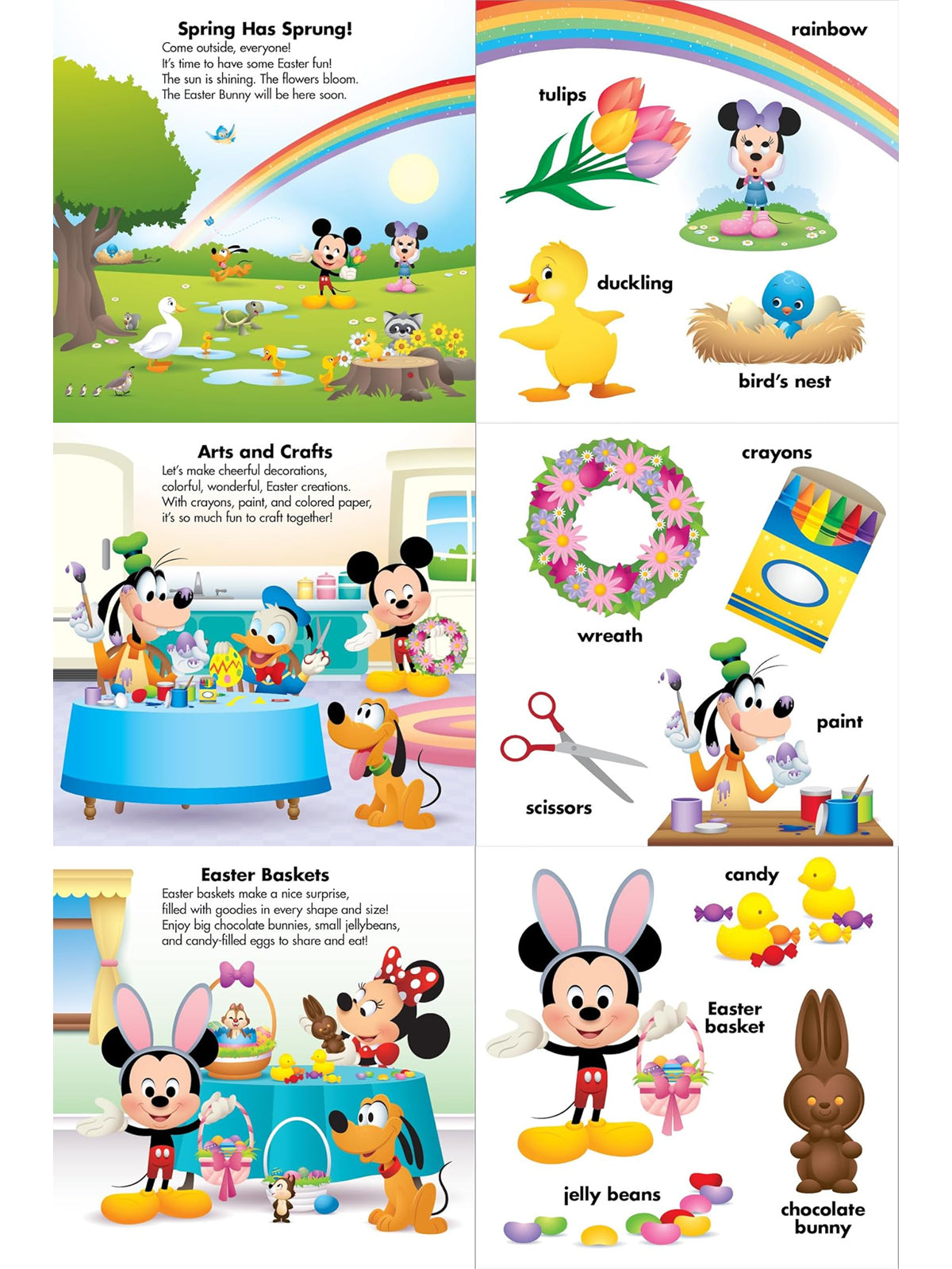Colorful spring-themed illustration featuring Disney characters enjoying crafts and Easter activities.