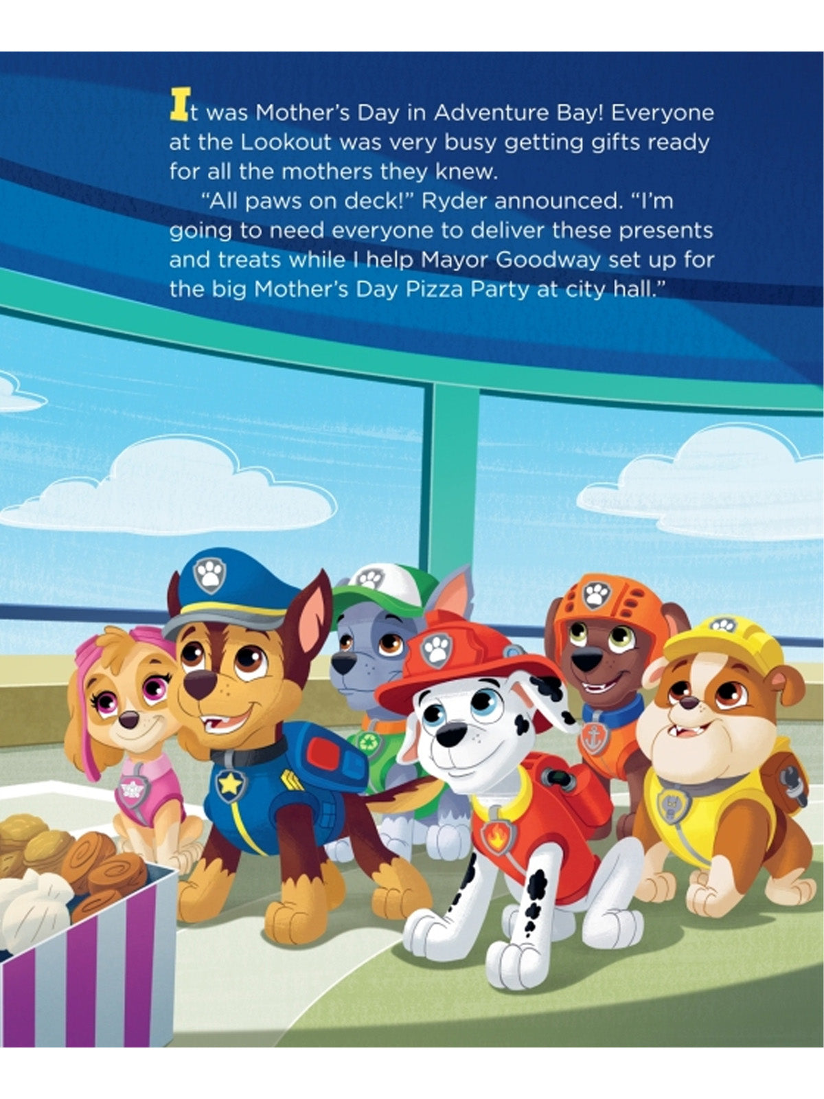 Paw Patrol characters gather excitedly at the Lookout for Mother's Day pizza party preparations.