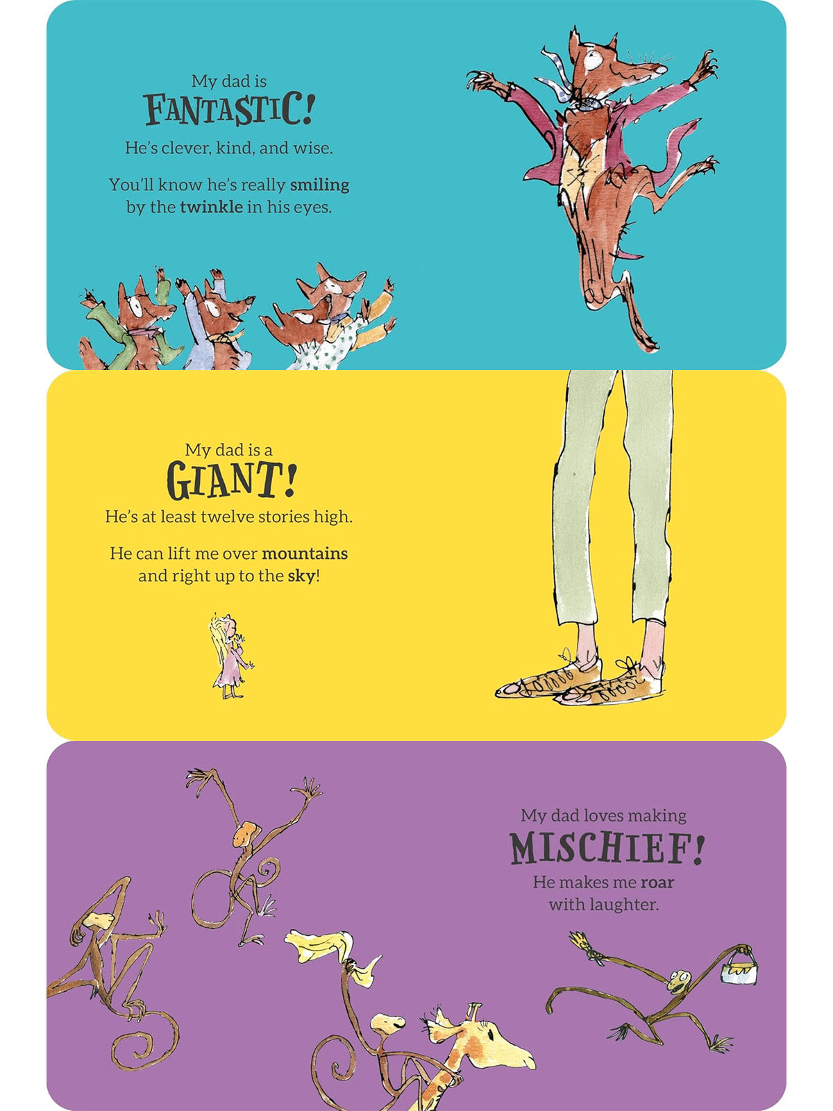 Illustration of three panels describing a dad as fantastic, a giant, and mischievous with playful animals.