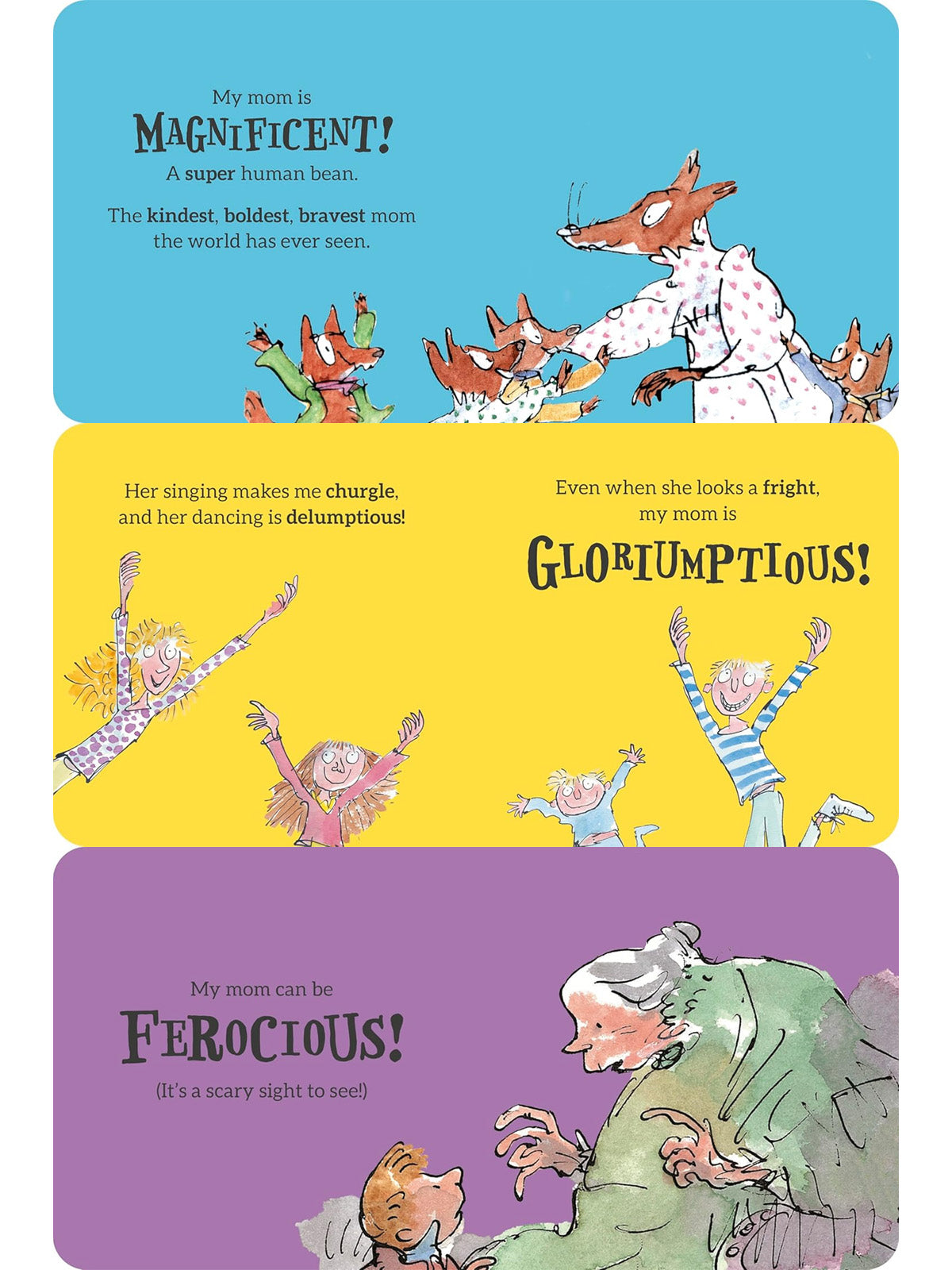Colorful illustration featuring playful mom-related phrases: "Magnificent," "GlORIUMPTIOUS," and "Ferocious."