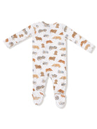 White baby romper featuring playful dog illustrations in various colors and non-slip footed soles.