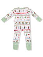 Children's holiday pajamas featuring festive prints of nutcrackers, trees, and candy canes in pastel colors.