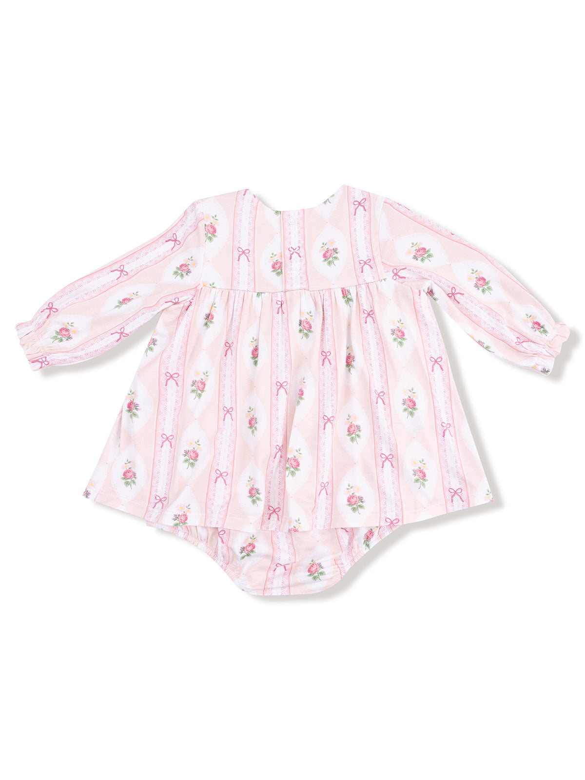 Pink floral infant dress with long sleeves and ruffled hem, featuring delicate ribbon and rose patterns.