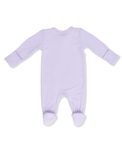 Light purple baby footed pajamas with textured non-slip soles, ideal for comfort and safety.