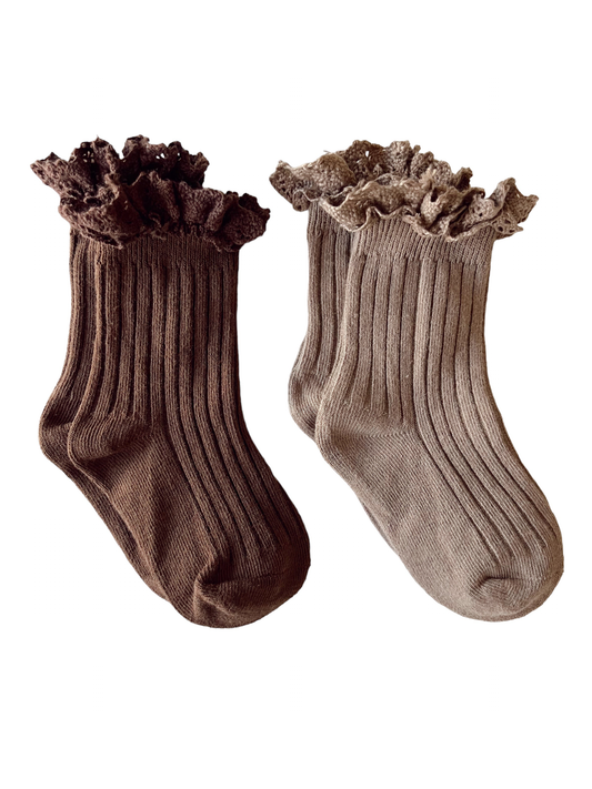 2-Pack Lace Trim Ribbed Socks, Clay & Brown