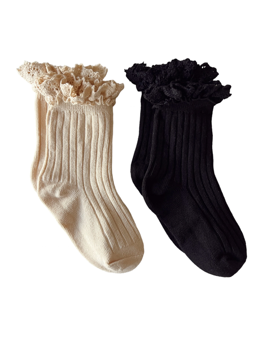 2-Pack Lace Trim Ribbed Socks, Ivory & Black