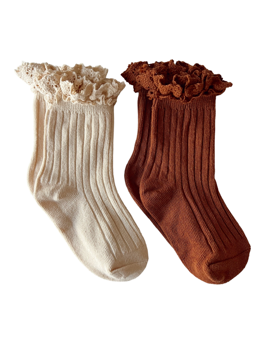 2-Pack Lace Trim Ribbed Socks, Ivory & Cinnamon