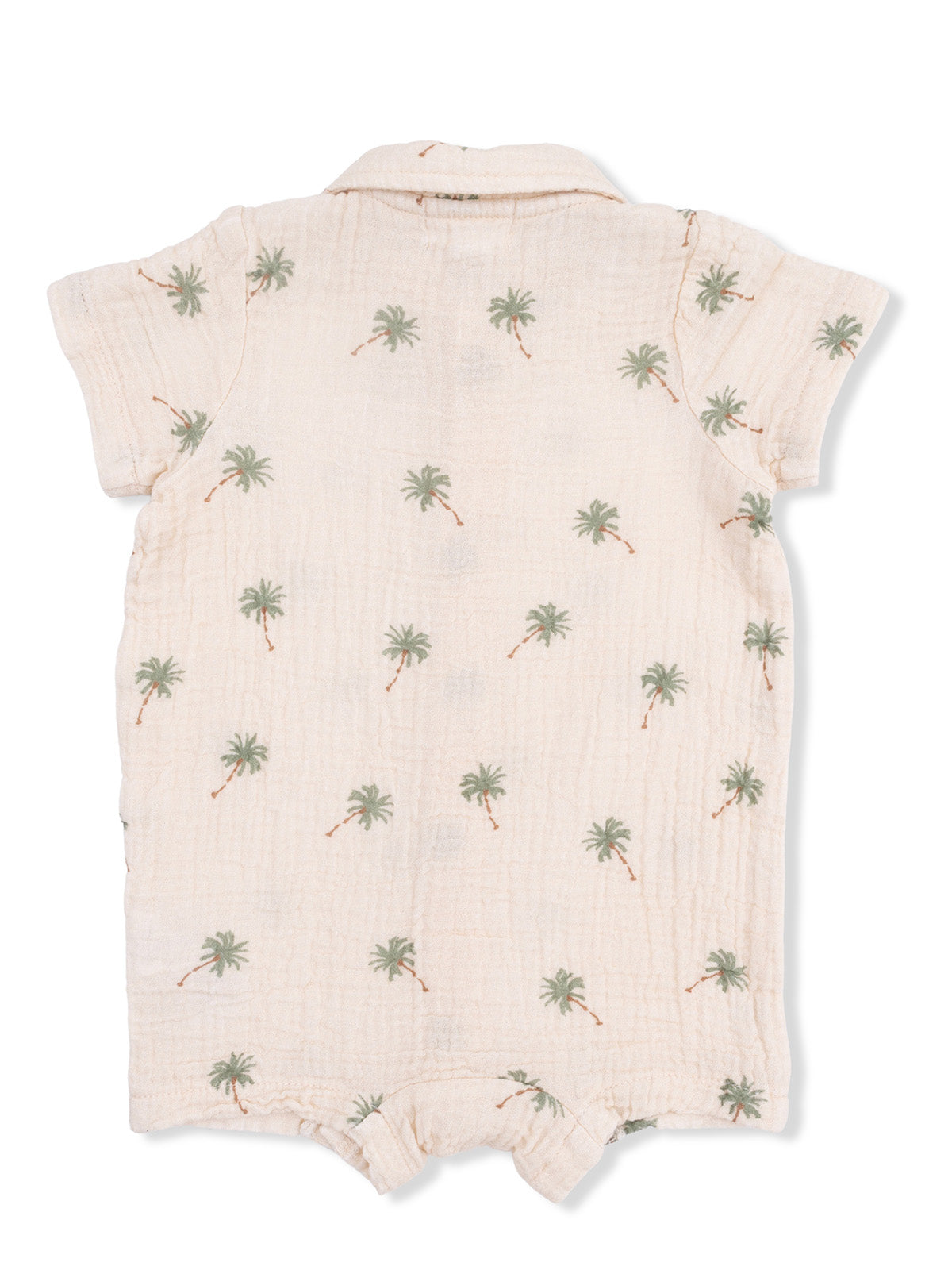 Light-colored infant romper with palm tree print and short sleeves. Ideal for warm weather.