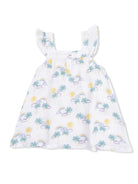 White dress with palm trees, rainbows, and suns, featuring ruffled straps and a relaxed fit. Perfect for summer.