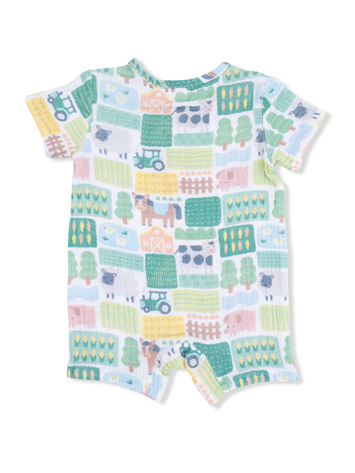 Short-sleeve toddler romper featuring a colorful farm animal and vehicle print on a light background.